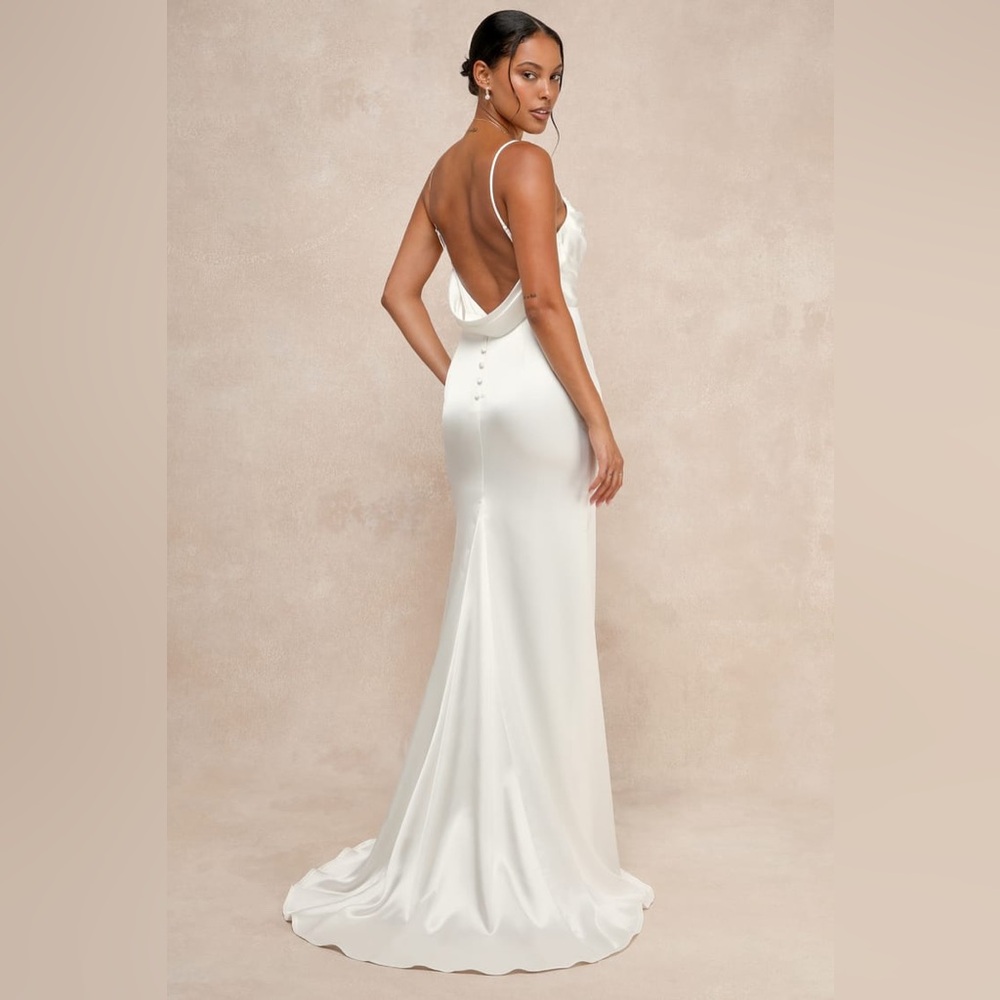 Lulus-Lovely Endearment White Satin Sleeveless Backless Maxi Dress (Small)